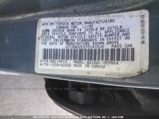 2T1BB02E2TC147216 - 1996 TOYOTA COROLLA DX GREEN photo 9