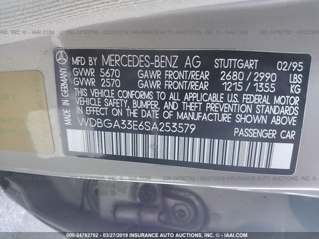 WDBGA33E6SA253579 - 1995 MERCEDES-BENZ S 320 Champagne photo 9