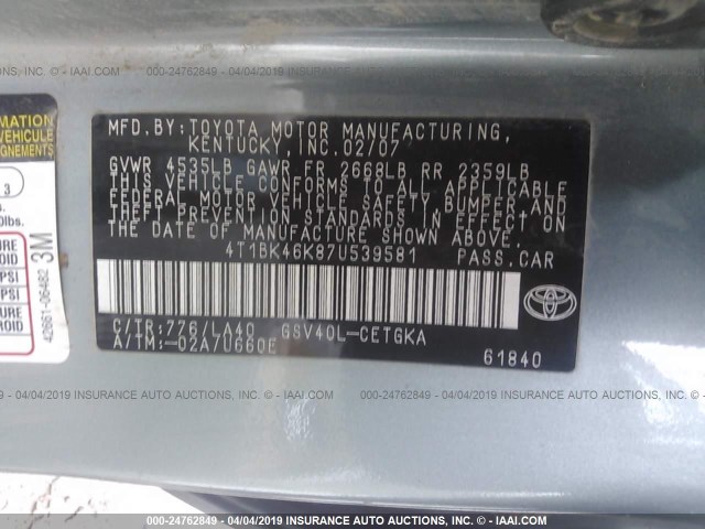 4T1BK46K87U539581 - 2007 TOYOTA CAMRY NEW GENERAT LE/XLE/SE Light Blue photo 9