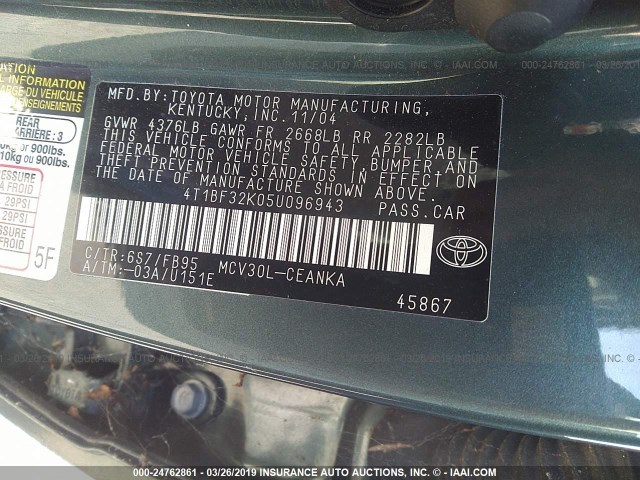 4T1BF32K05U096943 - 2005 TOYOTA CAMRY LE/XLE/SE GREEN photo 9