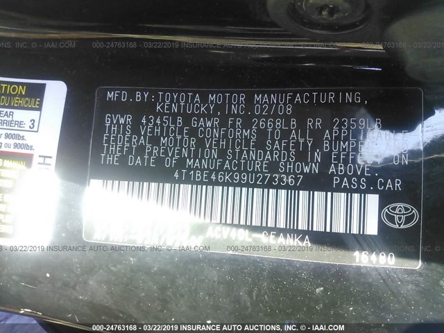 4T1BE46K99U273367 - 2009 TOYOTA CAMRY SE/LE/XLE BLACK photo 9