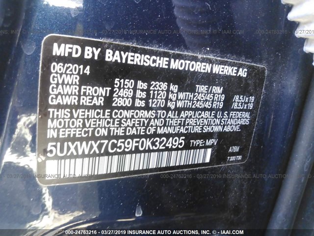 5UXWX7C59F0K32495 - 2015 BMW X3 XDRIVE35I BLUE photo 9