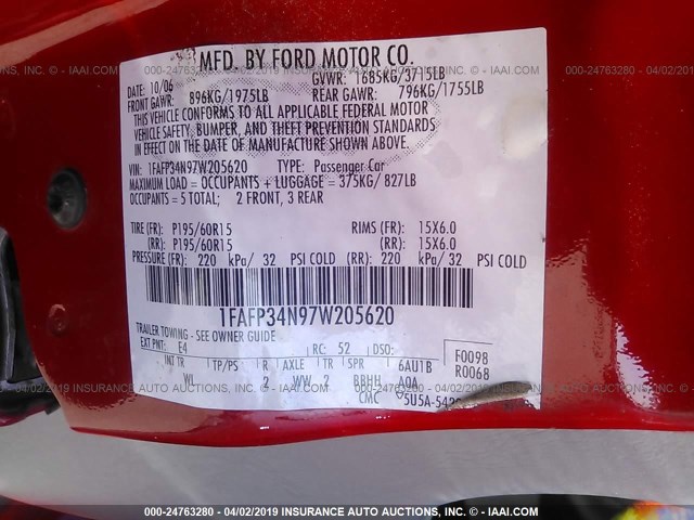 1FAFP34N97W205620 - 2007 FORD FOCUS ZX4/S/SE/SES RED photo 9