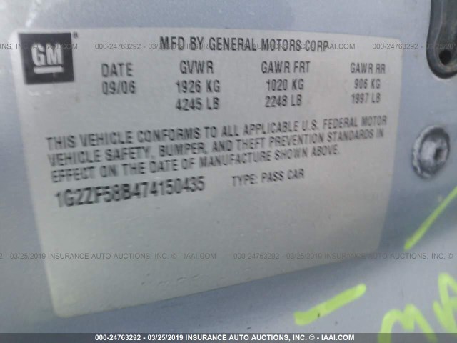 1G2ZF58B474150435 - 2007 PONTIAC G6 VALUE LEADER/BASE Light Blue photo 9