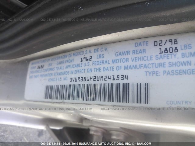 3VWRB81H2WM241534 - 1998 VOLKSWAGEN JETTA GL SILVER photo 9