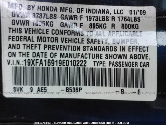 19XFA16919E010222 - 2009 HONDA CIVIC EXL BLUE photo 9