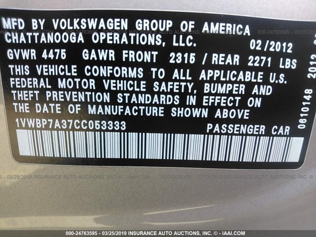 1VWBP7A37CC053333 - 2012 VOLKSWAGEN PASSAT SE SILVER photo 9