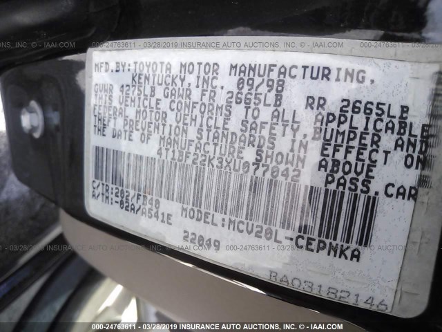 4T1BF22K3XU077042 - 1999 TOYOTA CAMRY LE/XLE BLACK photo 9