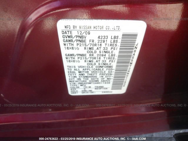 JN8AS5MT2AW011939 - 2010 NISSAN ROGUE S/SL/KROM RED photo 9
