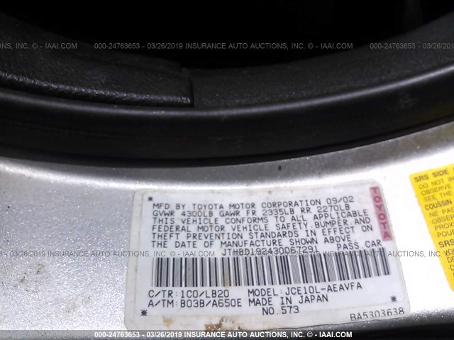 JTHBD192430067291 - 2003 LEXUS IS 300 SILVER photo 9