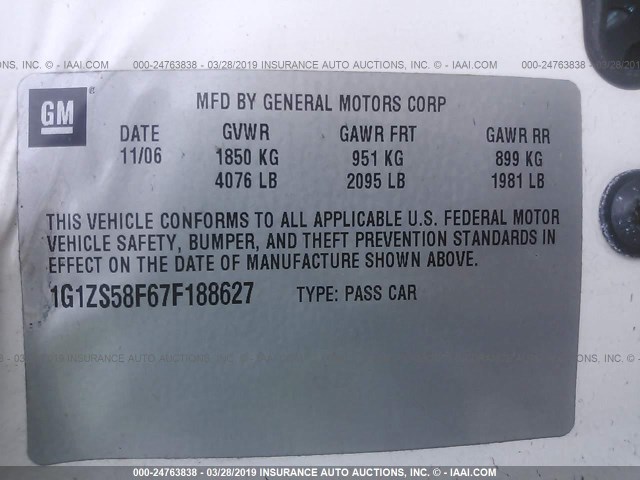 1G1ZS58F67F188627 - 2007 CHEVROLET MALIBU LS WHITE photo 9