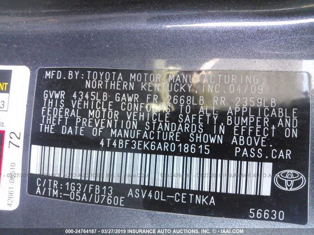 4T4BF3EK6AR018615 - 2010 TOYOTA CAMRY SE/LE/XLE GRAY photo 9