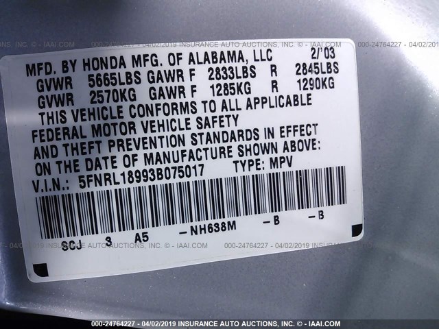 5FNRL18993B075017 - 2003 HONDA ODYSSEY EXL SILVER photo 9