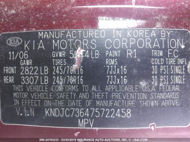 KNDJC736475722458 - 2007 KIA SORENTO EX/LX RED photo 9