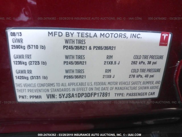 5YJSA1DP3DFP17891 - 2013 TESLA MODEL S RED photo 9