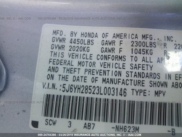 5J6YH28523L003146 - 2003 HONDA ELEMENT EX SILVER photo 9