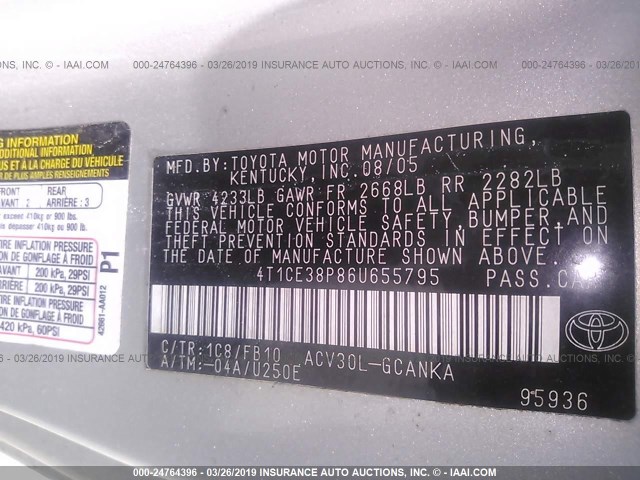 4T1CE38P86U655795 - 2006 TOYOTA CAMRY SOLARA SE/SLE SILVER photo 9