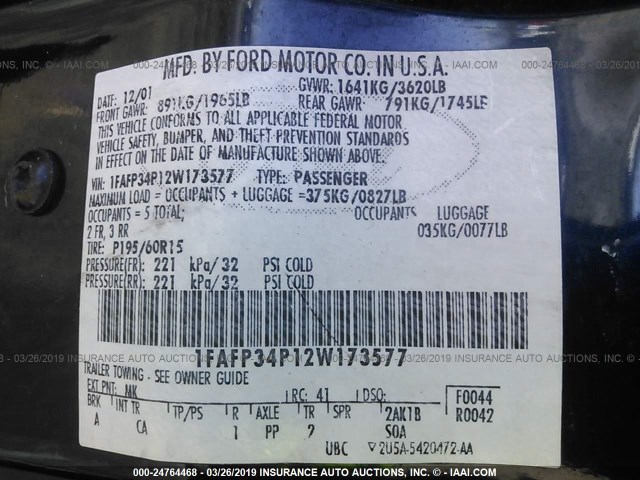 1FAFP34P12W173577 - 2002 FORD FOCUS SE/SE COMFORT BLUE photo 9