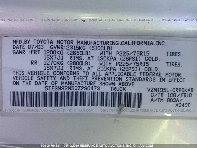 5TESN92N53Z290473 - 2003 TOYOTA TACOMA XTRACAB PRERUNNER GRAY photo 9