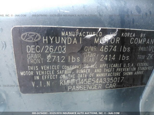 KMHFU45E54A335017 - 2004 HYUNDAI XG 350 BLUE photo 9