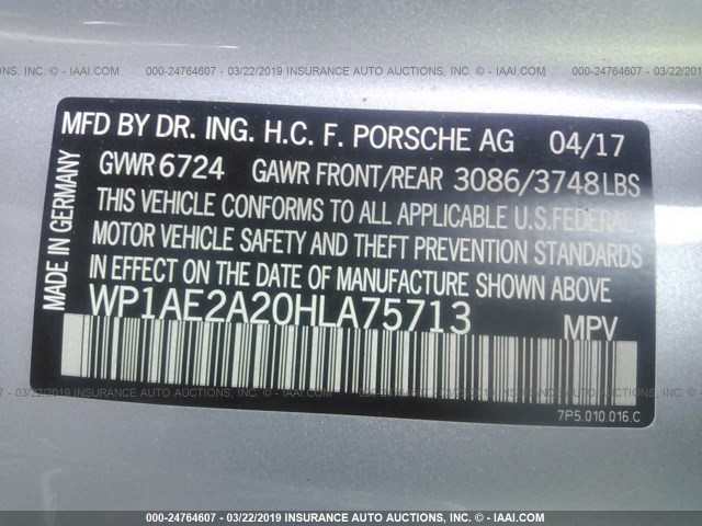 WP1AE2A20HLA75713 - 2017 PORSCHE CAYENNE SE HYBRID/PLATINUM SILVER photo 9