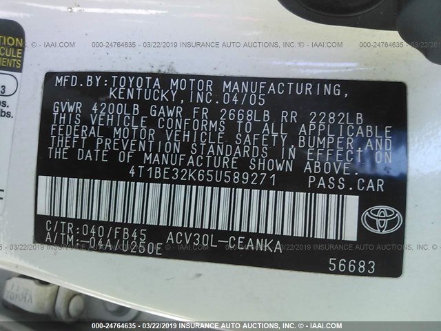4T1BE32K65U589271 - 2005 TOYOTA CAMRY LE/XLE/SE WHITE photo 9