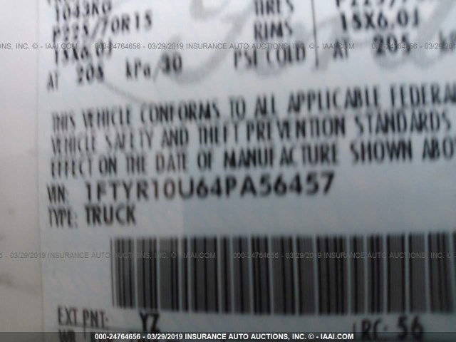 1FTYR10U64PA56457 - 2004 FORD RANGER WHITE photo 9