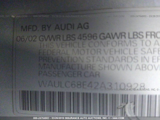 WAULC68E42A310928 - 2002 AUDI A4 1.8T QUATTRO SILVER photo 9