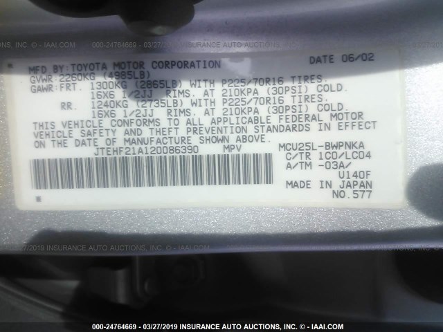 JTEHF21A120086390 - 2002 TOYOTA HIGHLANDER LIMITED SILVER photo 9