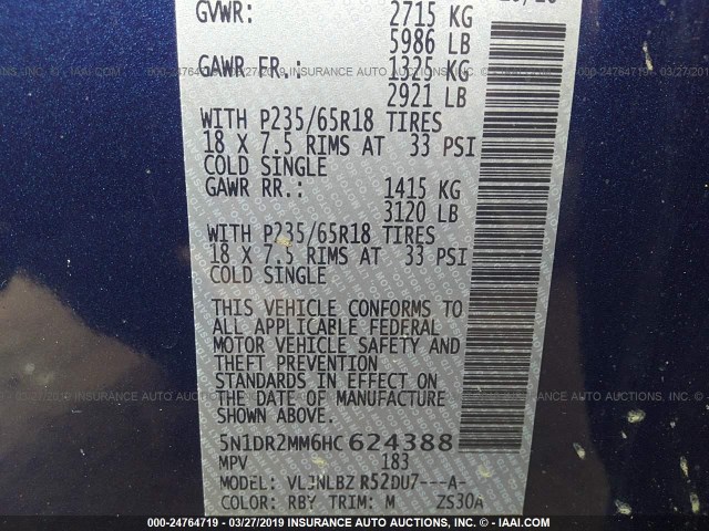 5N1DR2MM6HC624388 - 2017 NISSAN PATHFINDER S/SV/SL/PLATINUM BLUE photo 9