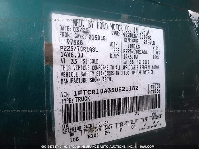 1FTCR10A3SUB21182 - 1995 FORD RANGER GREEN photo 9