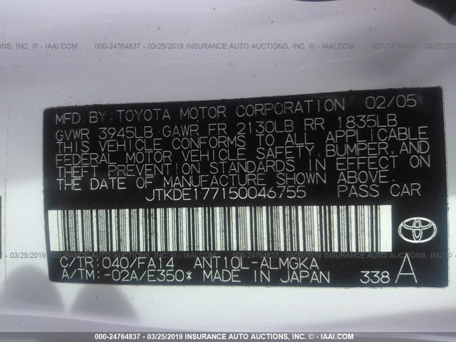 JTKDE177150046755 - 2005 TOYOTA SCION TC WHITE photo 9