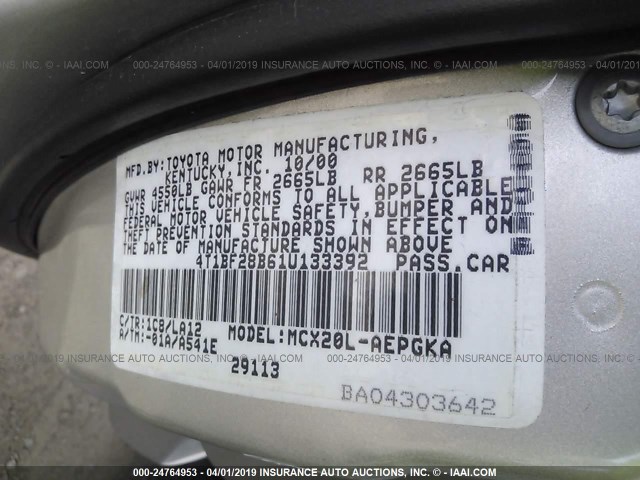 4T1BF28B61U133392 - 2001 TOYOTA AVALON XL/XLS SILVER photo 9