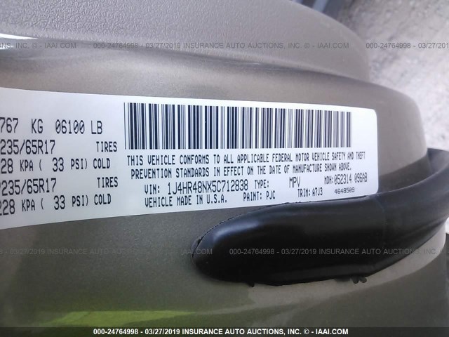 1J4HR48NX5C712838 - 2005 JEEP GRAND CHEROKEE LAREDO/COLUMBIA/FREEDOM 金色 照片 9