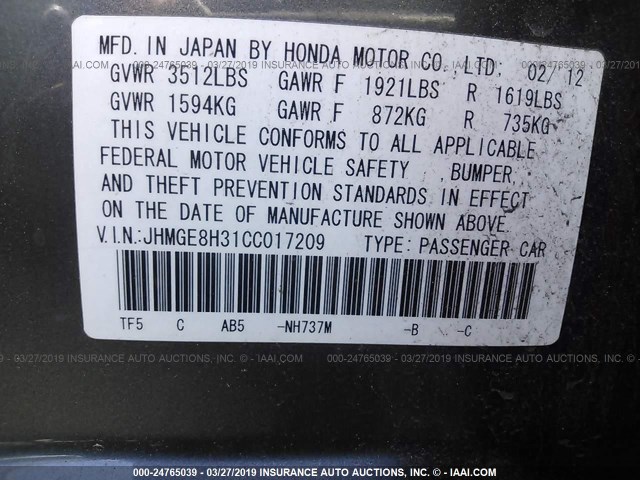 JHMGE8H31CC017209 - 2012 HONDA FIT GRAY photo 9