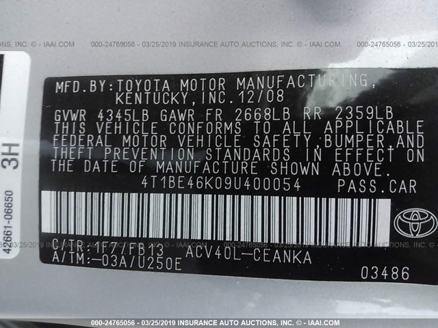 4T1BE46K09U400054 - 2009 TOYOTA CAMRY SE/LE/XLE SILVER photo 9