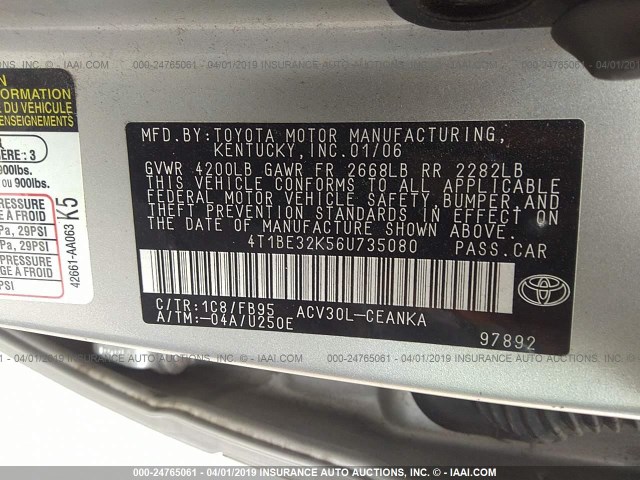 4T1BE32K56U735080 - 2006 TOYOTA CAMRY LE/XLE/SE SILVER photo 9
