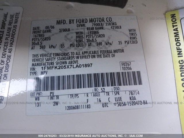 1FMFK205X7LA01897 - 2007 FORD EXPEDITION EL LIMITED WHITE photo 9