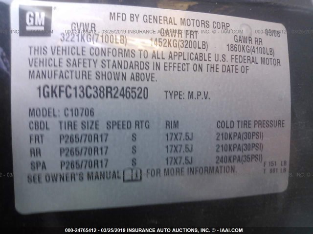 1GKFC13C38R246520 - 2008 GMC YUKON BLACK photo 9