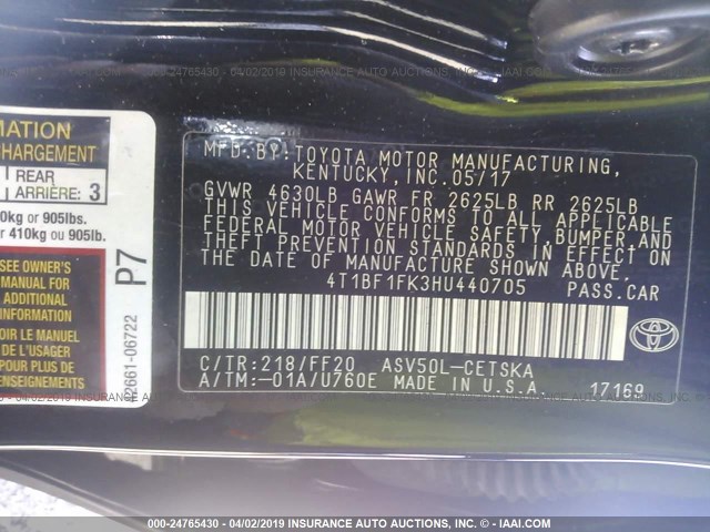 4T1BF1FK3HU440705 - 2017 TOYOTA CAMRY LE/XLE/SE/XSE 黑色 照片 9