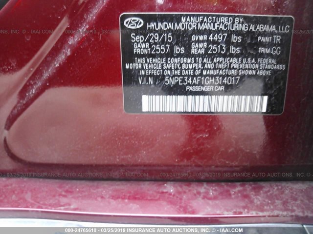 5NPE34AF1GH314017 - 2016 HYUNDAI SONATA SPORT/LIMITED RED photo 9