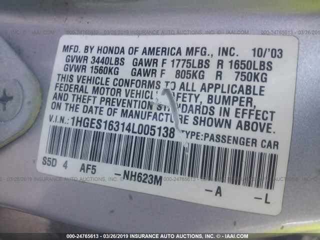 1HGES16314L005138 - 2004 HONDA CIVIC DX VP SILVER photo 9