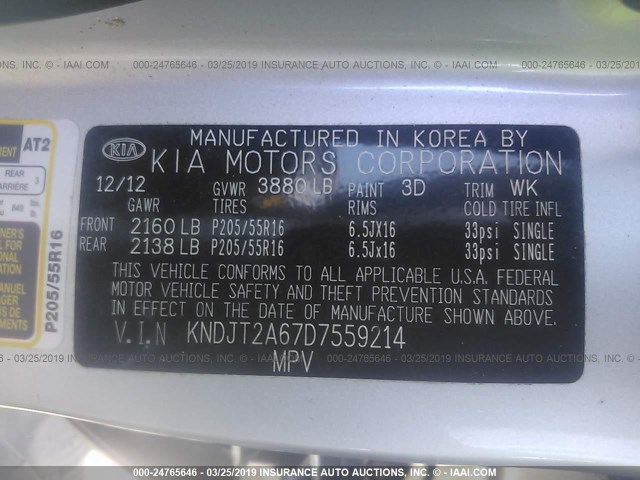 KNDJT2A67D7559214 - 2013 KIA SOUL +/!/SPORT SILVER photo 9