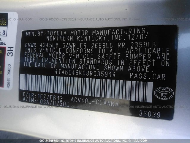 4T4BE46K08R035914 - 2008 TOYOTA CAMRY CE/LE/XLE/SE SILVER photo 9