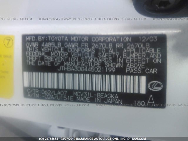 JTHBA30G445021199 - 2004 LEXUS ES 330 WHITE photo 9