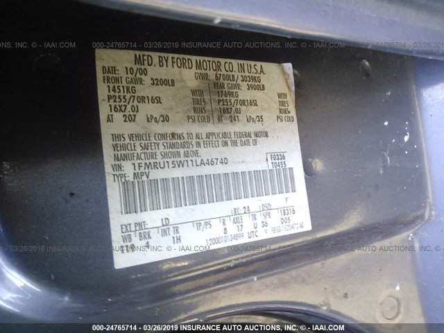 1FMRU15W11LA46740 - 2001 FORD EXPEDITION XLT BLUE photo 9