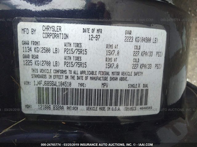 1J4FJ68S6WL184510 - 1998 JEEP CHEROKEE SPORT/CLASSIC მუქი ლურჯი ფოტო 9