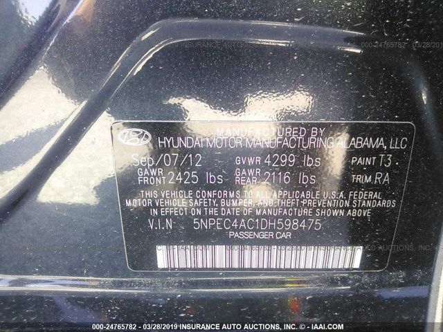 5NPEC4AC1DH598475 - 2013 HYUNDAI SONATA SE/LIMITED BLACK photo 9