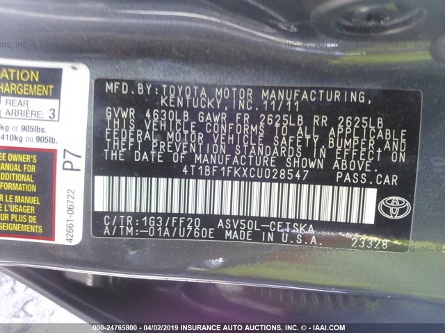 4T1BF1FKXCU028547 - 2012 TOYOTA CAMRY SE/LE/XLE 灰色 照片 9