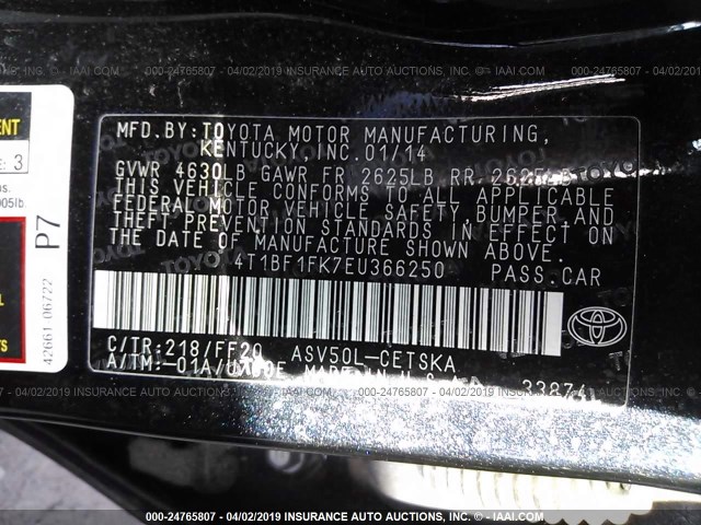 4T1BF1FK7EU366250 - 2014 TOYOTA CAMRY L/SE/LE/XLE 黑色 照片 9